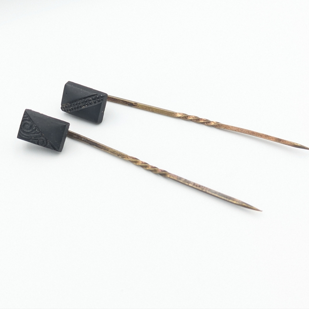 Antique Victorian whitby jet gold filled two stick pins / hat pins / lapel pins